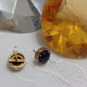 Solid 925 Sterling Silver Post Style Earrings With Black And Clear Stones